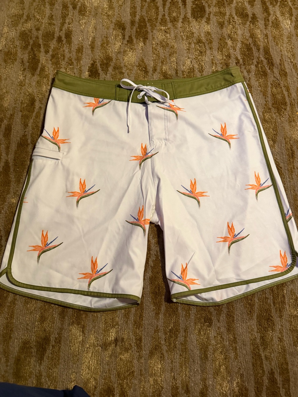 White Floral Print Men’s Hybrid Shorts with Olive Trim